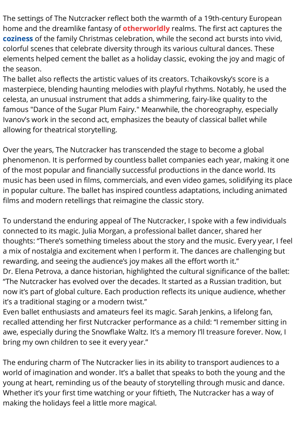 Reading passage, part 2: ballet settings, Tchaikovsky's music, popular culture, and three interview accounts.