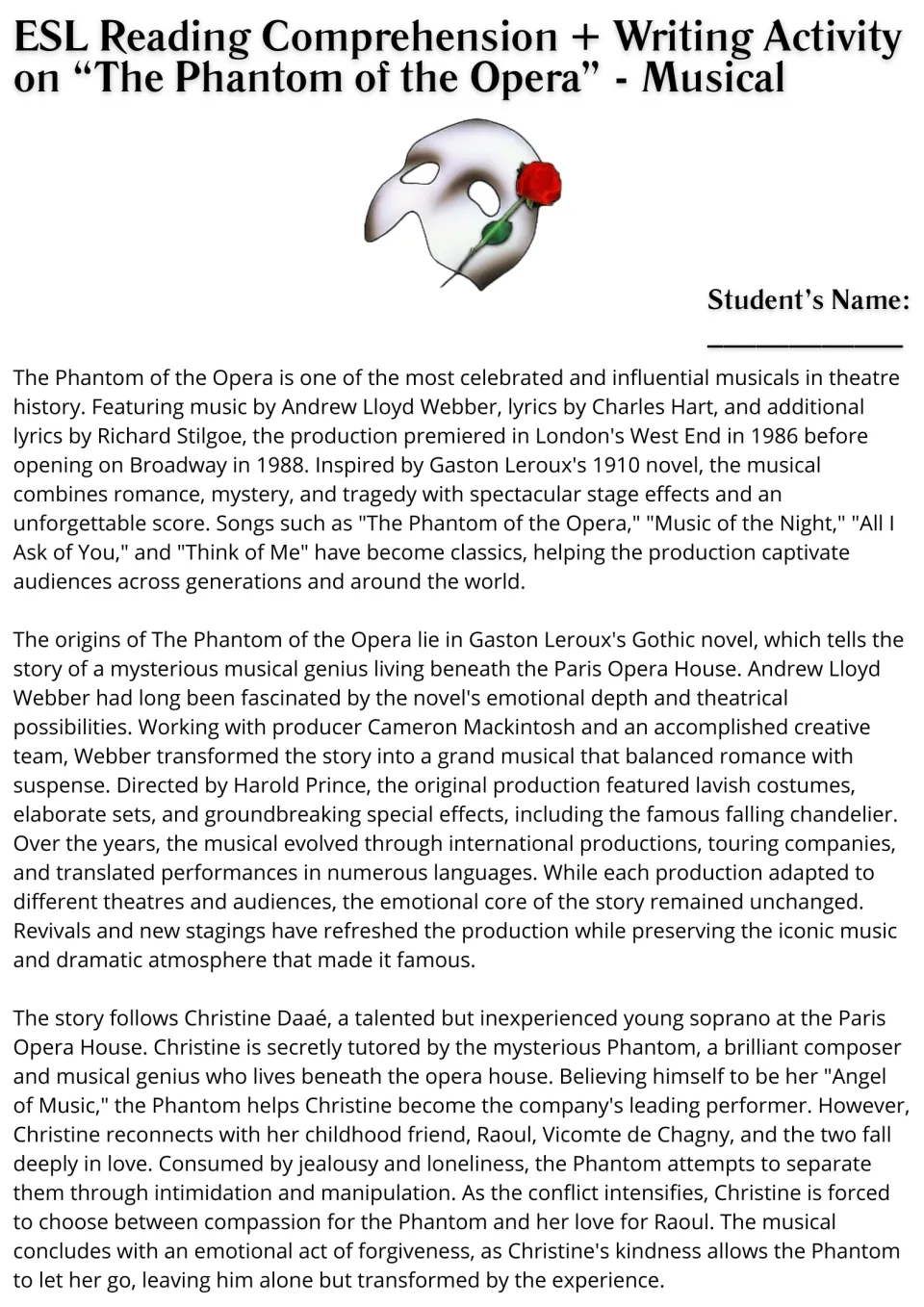 Phantom of the Opera reading passage on the musical's 1986 premiere, Leroux novel origins and Christine's story