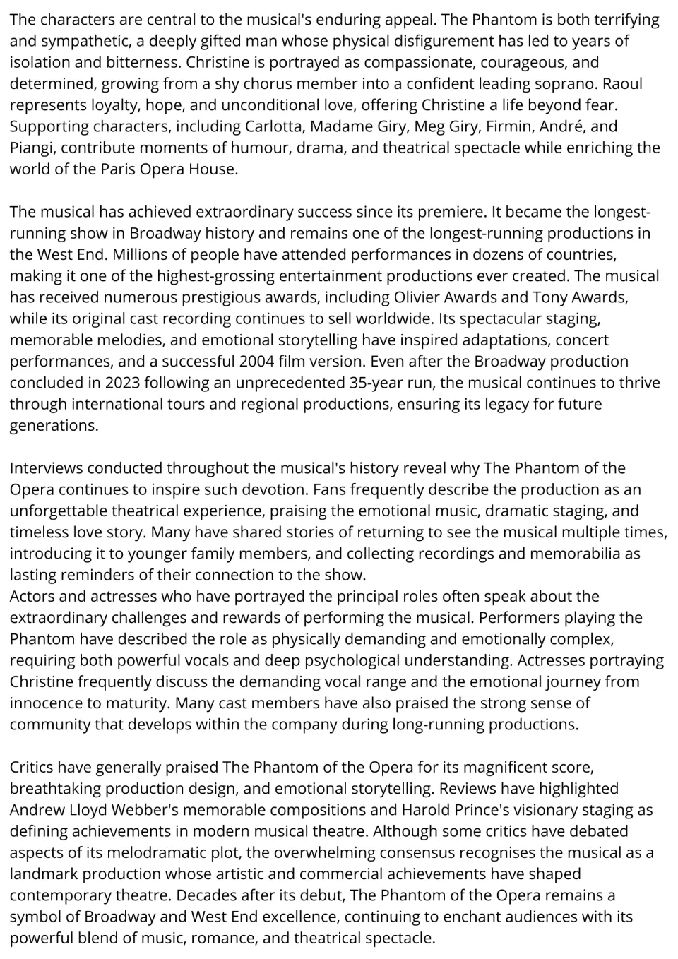 Reading text continues: Phantom, Christine and Raoul as characters, Broadway run ending in 2023, fan and critic views