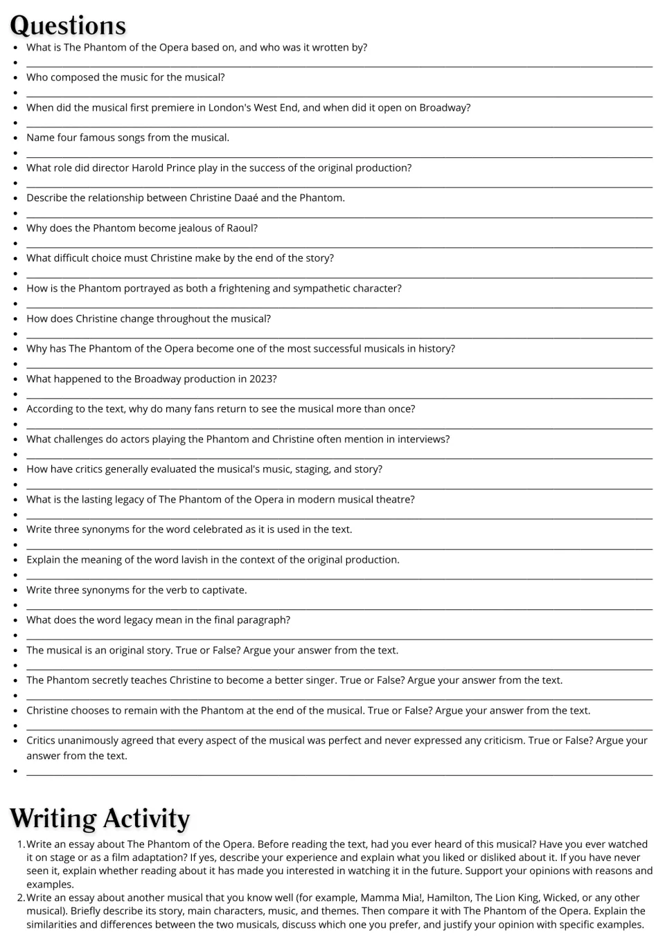 Phantom questions: comprehension, vocabulary synonyms, true-or-false with text evidence, and two opinion essay prompts