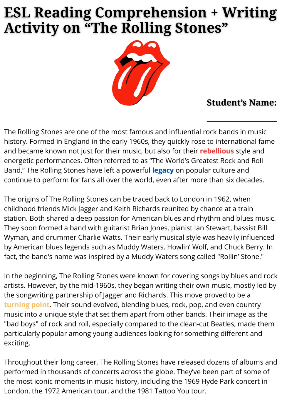 Reading passage, part 1: The Rolling Stones' origins, blues influences, songwriting, and concert history.