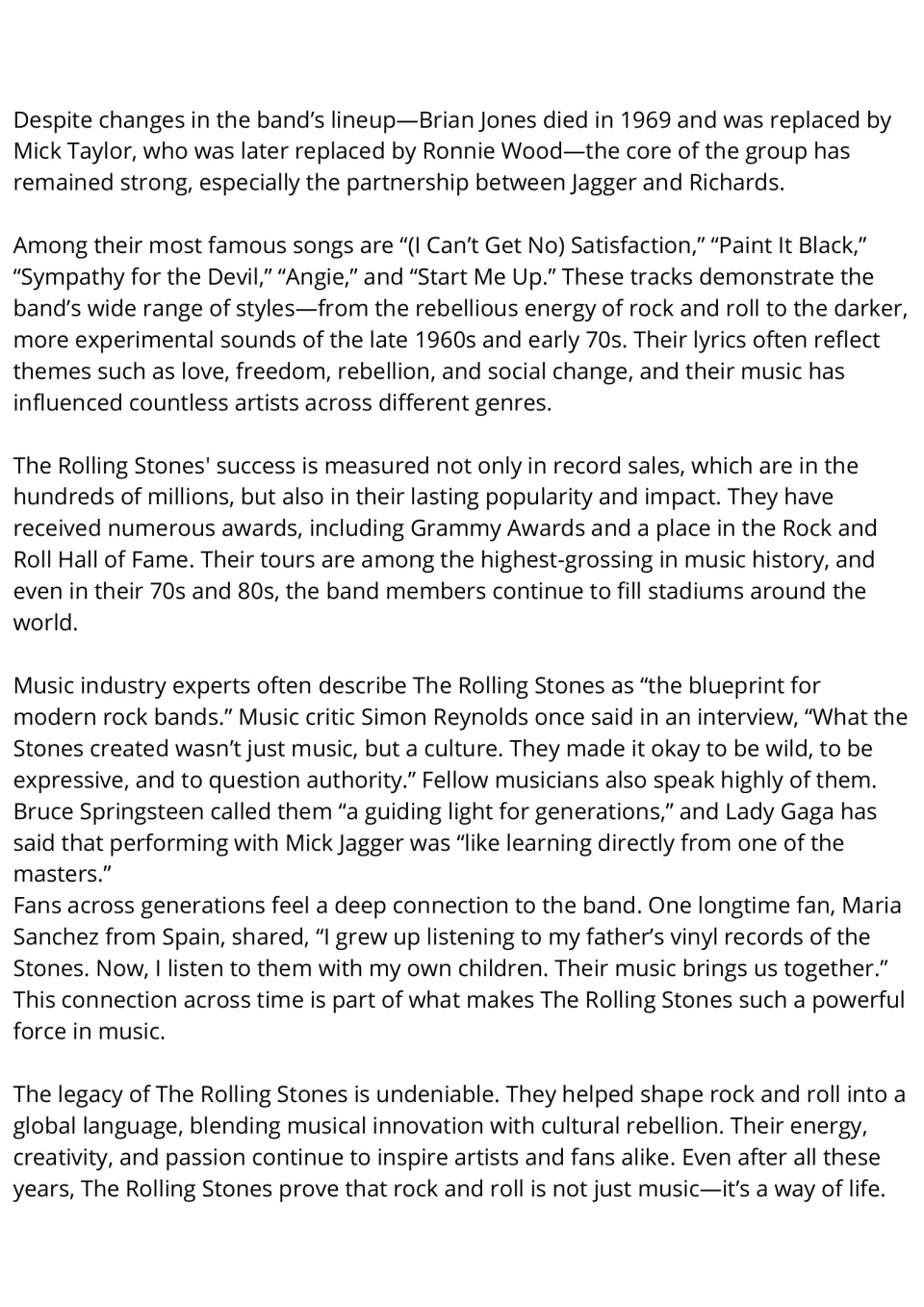 Reading passage, part 2: The Rolling Stones' lineup changes, famous songs, awards, fans, and lasting legacy.