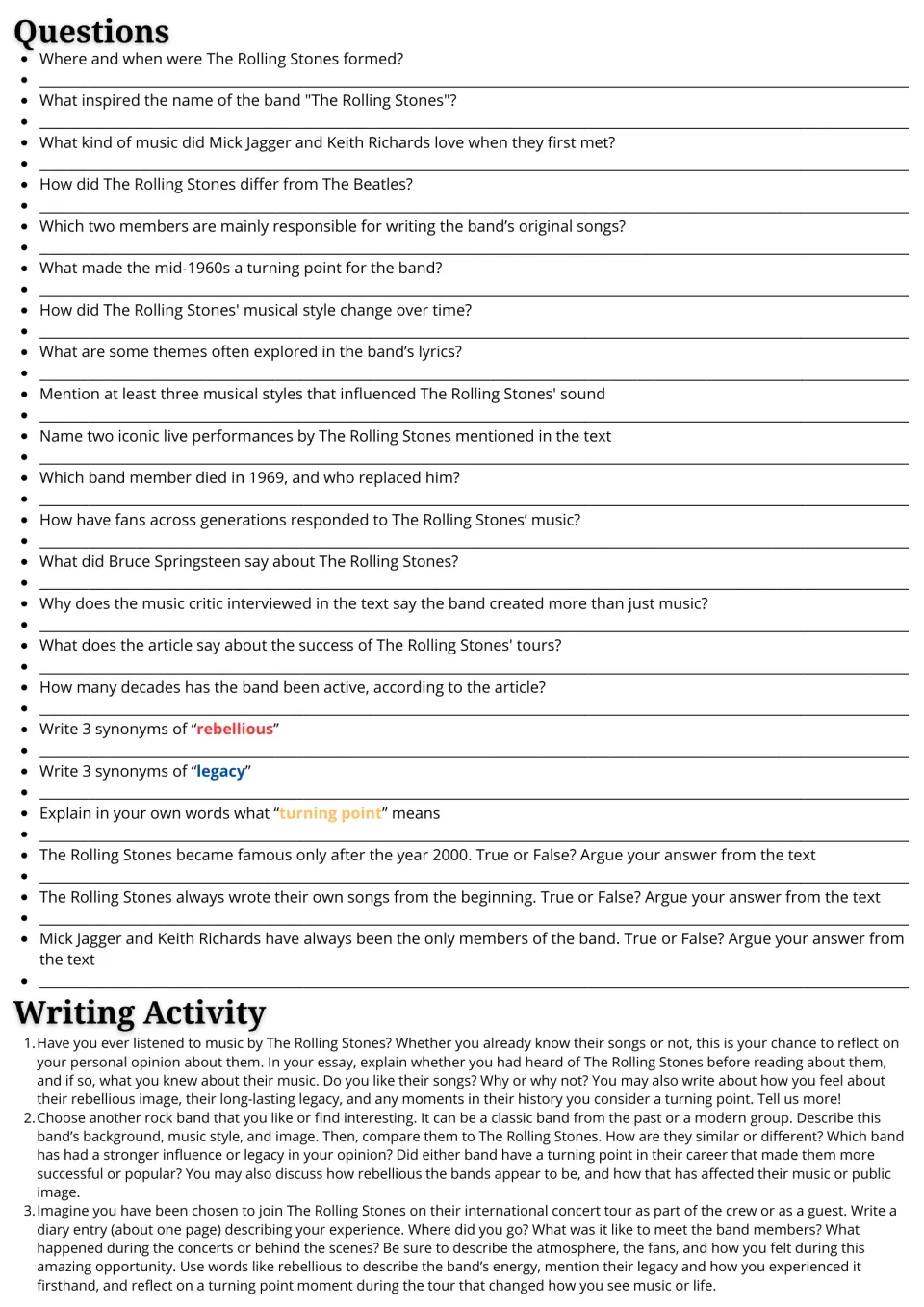 Follow-up activities: 22 reading and vocabulary questions about The Rolling Stones and three writing prompts.