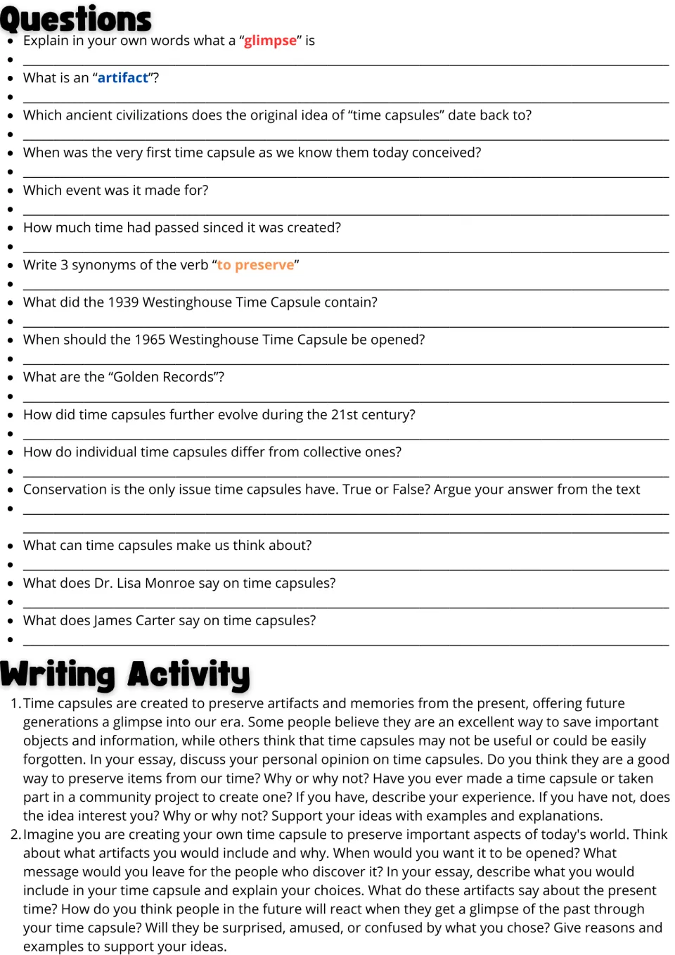 Time capsule questions on vocabulary and passage details, then two essay prompts: give an opinion or design your own