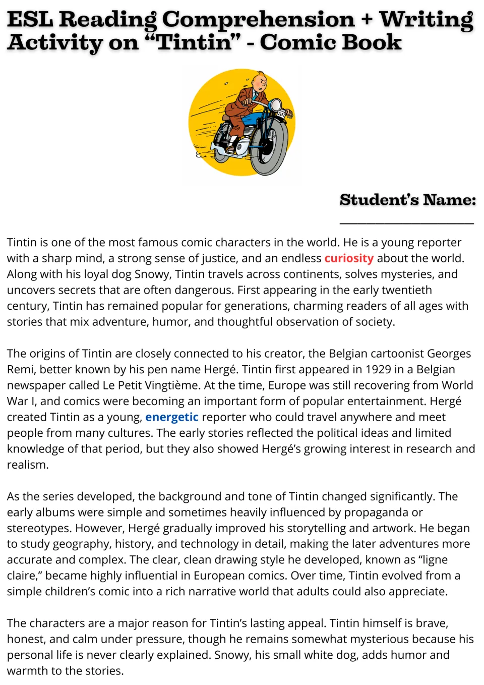 Tintin reading passage, part 1: Hergé, the comic's origins, evolving artwork, and Tintin and Snowy