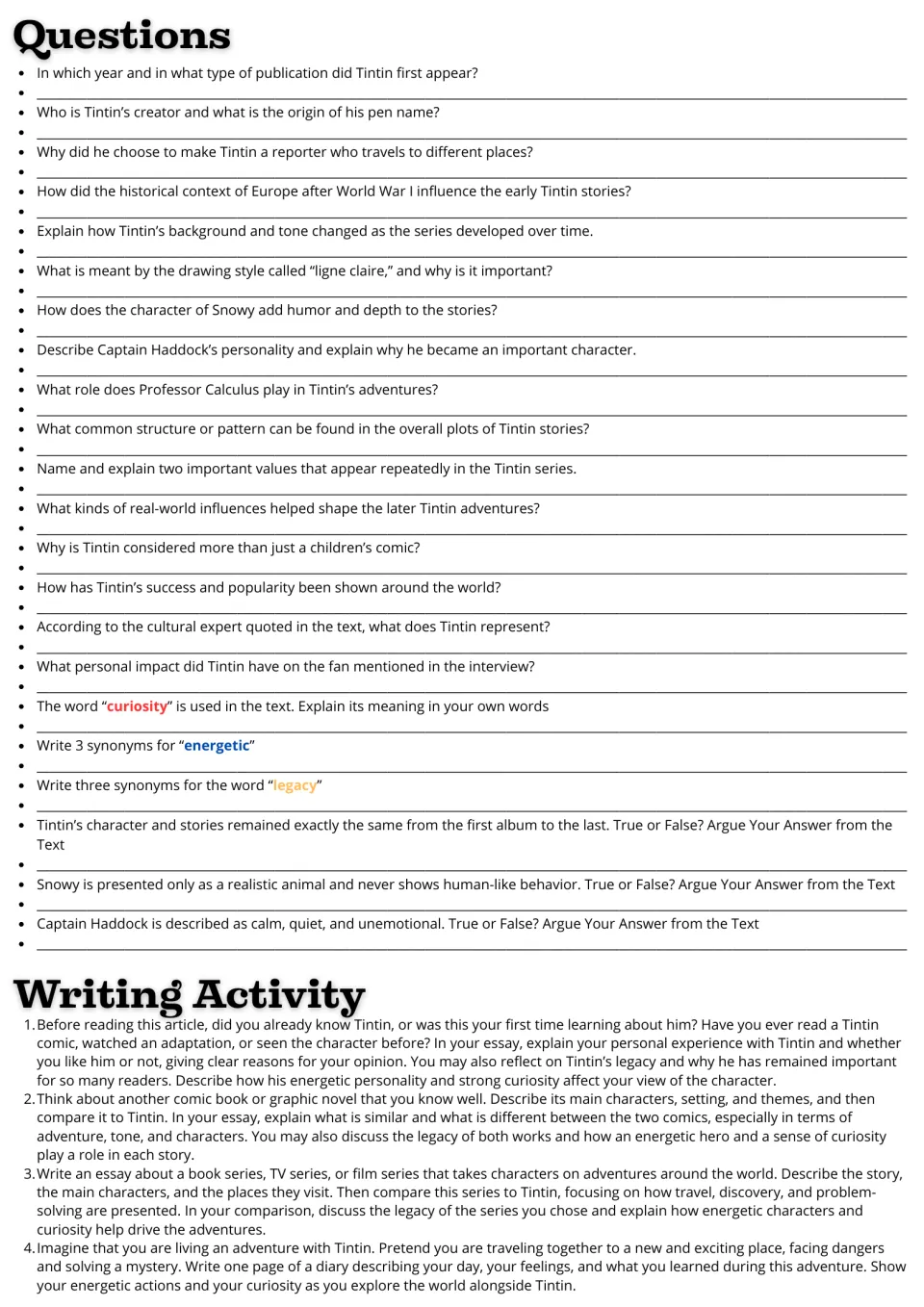 Tintin follow-up: 22 comprehension, vocabulary, and true-or-false questions plus four writing prompts
