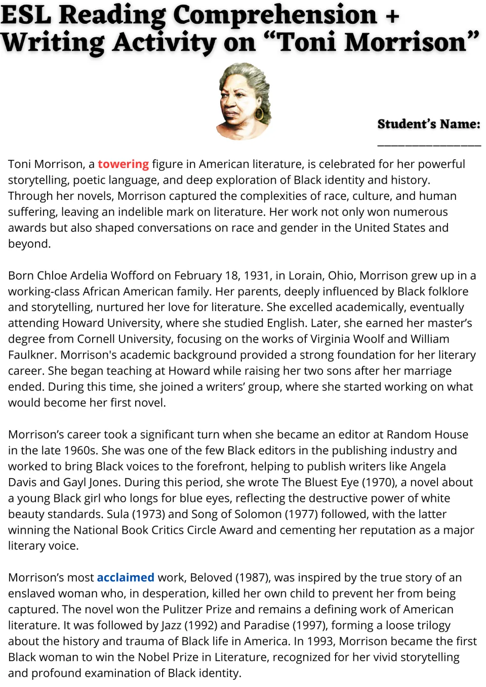 Toni Morrison biography, part 1: students read about her early life, Random House editing, Beloved and her Nobel Prize