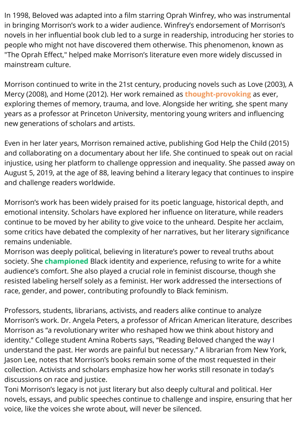 Morrison reading, part 2: students read about the Oprah Effect, later novels, her 2019 death and quotes on her legacy