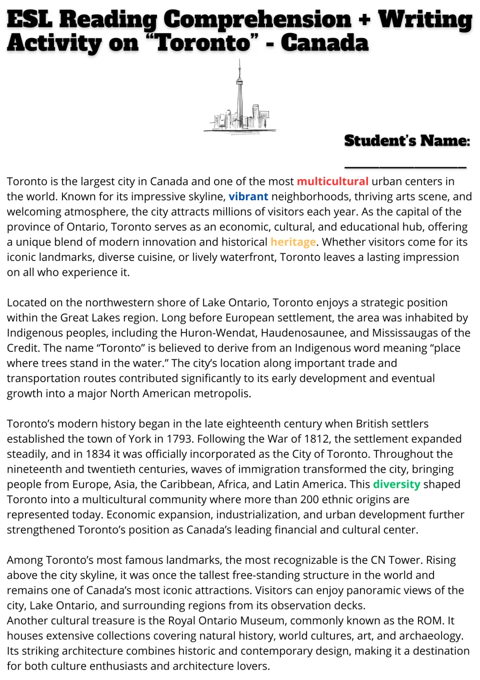 Toronto reading passage: students read about the city's history, location and landmarks such as the CN Tower