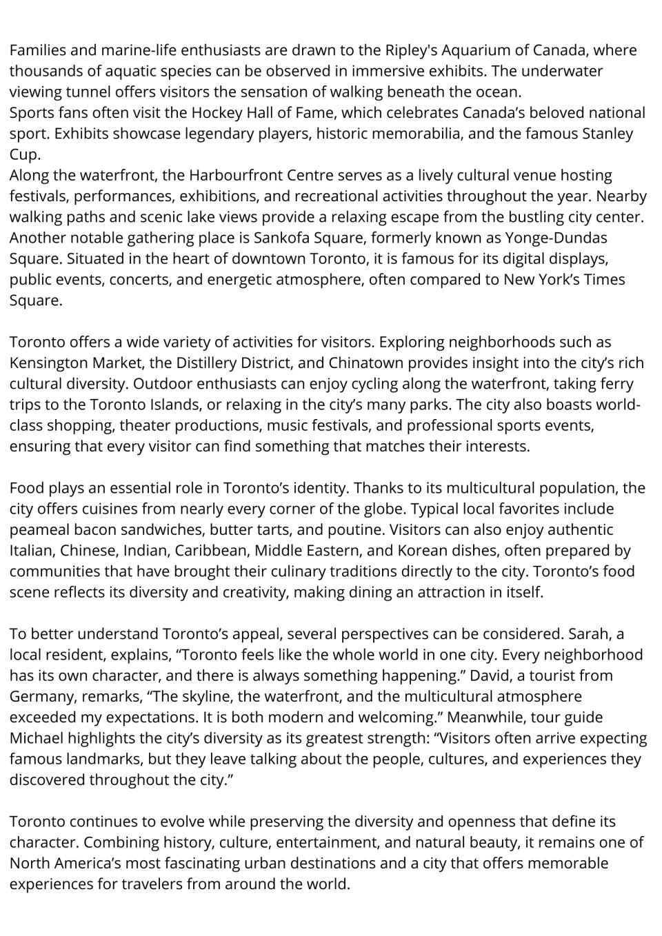 Toronto reading passage continued: students read about the aquarium, Hockey Hall of Fame, food and visitor quotes