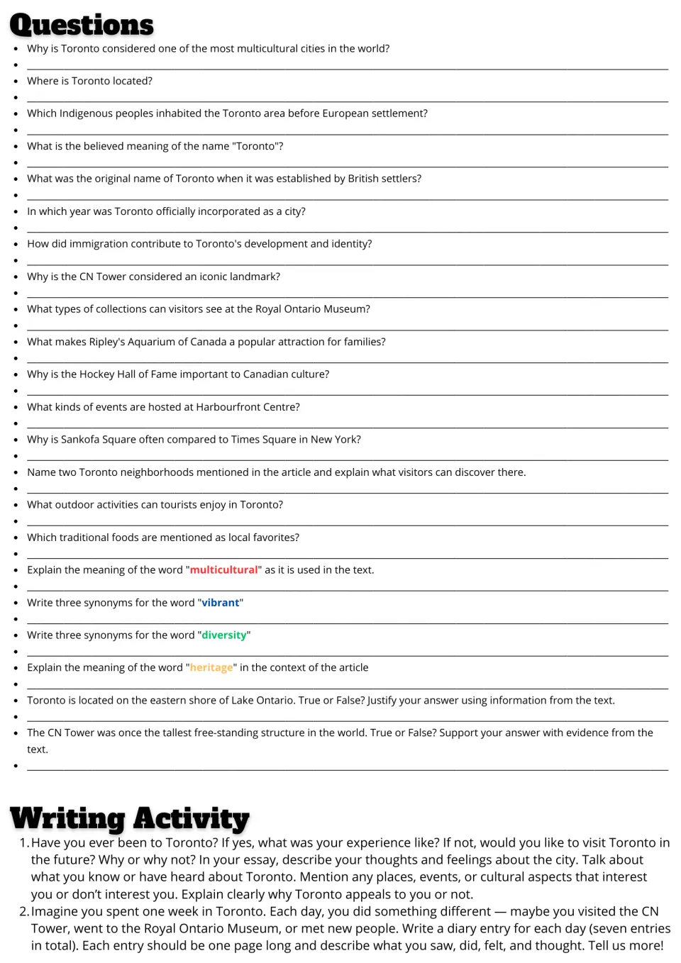 Toronto comprehension questions and true or false items, then two writing prompts: an essay and seven diary entries
