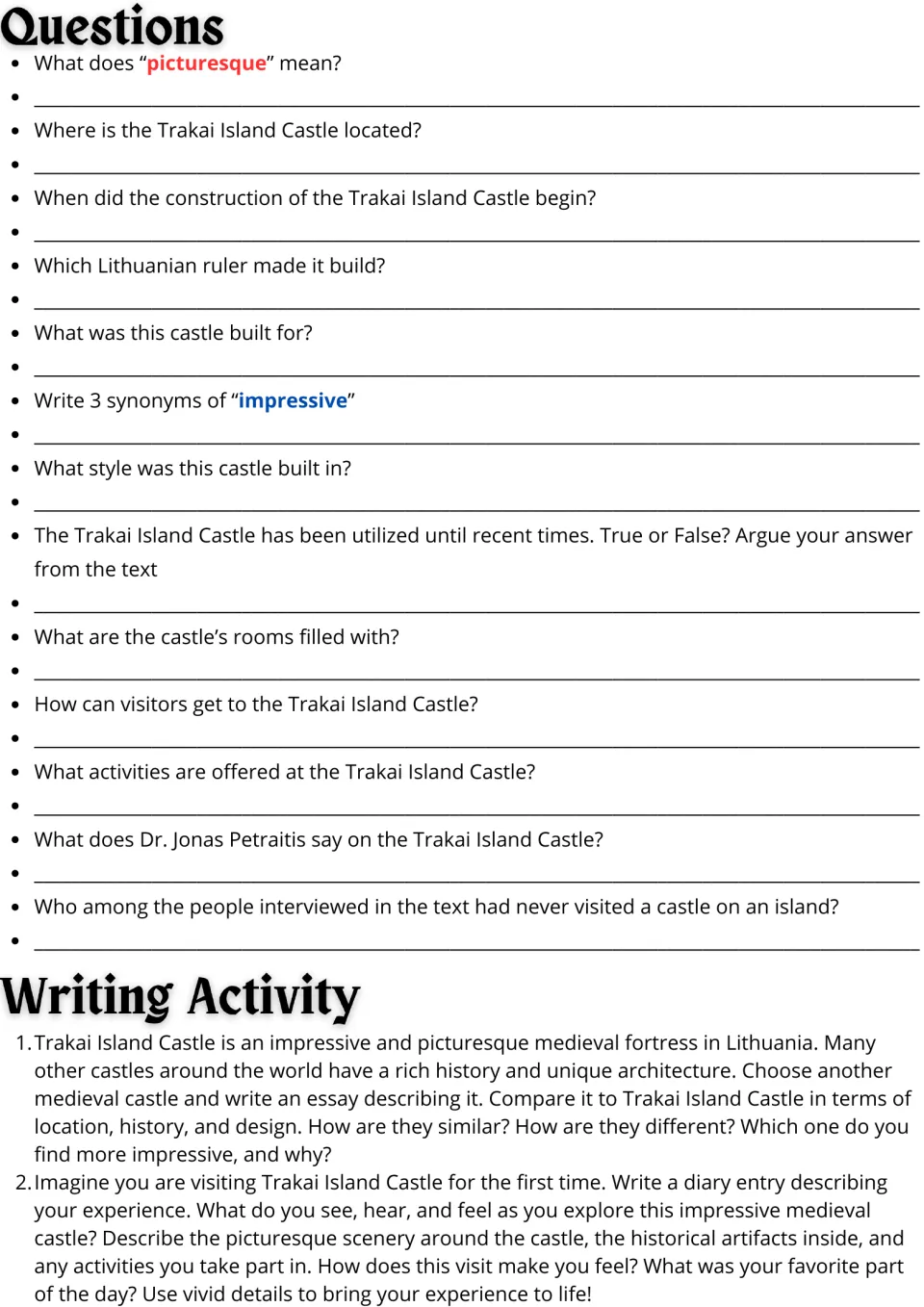 Reading follow-up: 13 comprehension questions and two writing prompts comparing castles and imagining a visit.