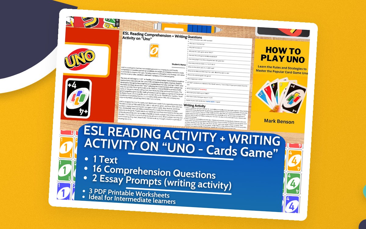 ESL Reading Comprehension + Writing Activity - UNO - Cards Game preview