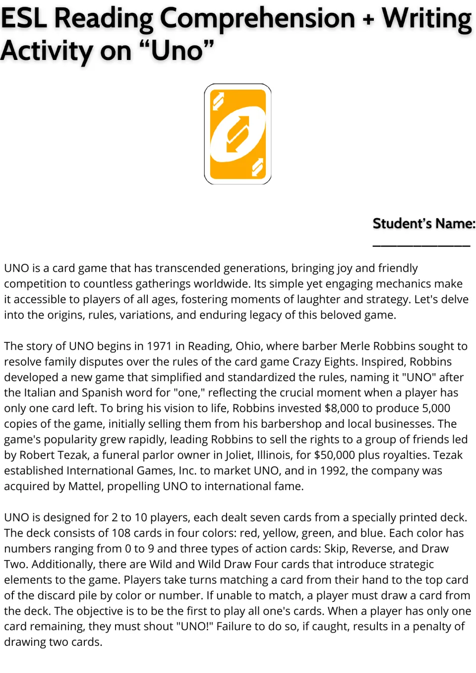 UNO history reading passage: students read how Merle Robbins invented the game in 1971 and how its 108-card deck is played