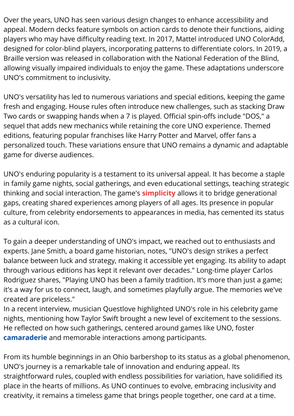 UNO passage continued: accessible editions, spin-offs like DOS and fan quotes, highlighting simplicity and camaraderie