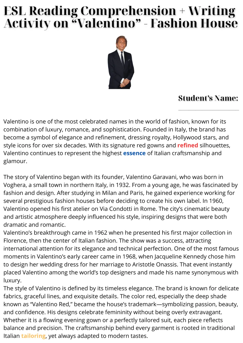 Opening reading passage about Valentino Garavani, the fashion house's origins, Valentino Red, and tailoring