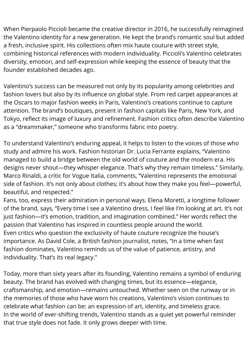 Reading passage continuation on Piccioli's designs, Valentino's global influence, admirers, and legacy