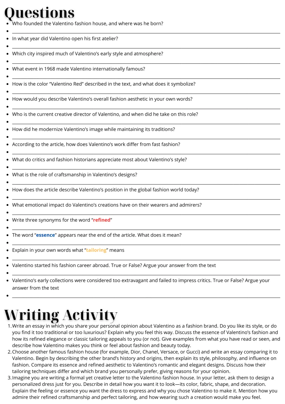Valentino follow-up: 18 comprehension and vocabulary questions plus three essay and letter writing prompts