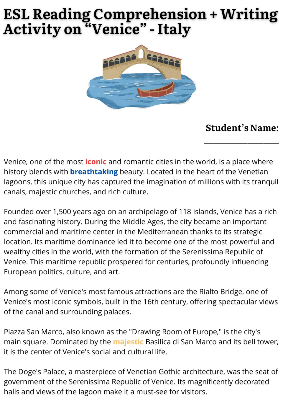 Venice reading passage, part 1: city origins, the Rialto Bridge, Piazza San Marco, and the Doge's Palace