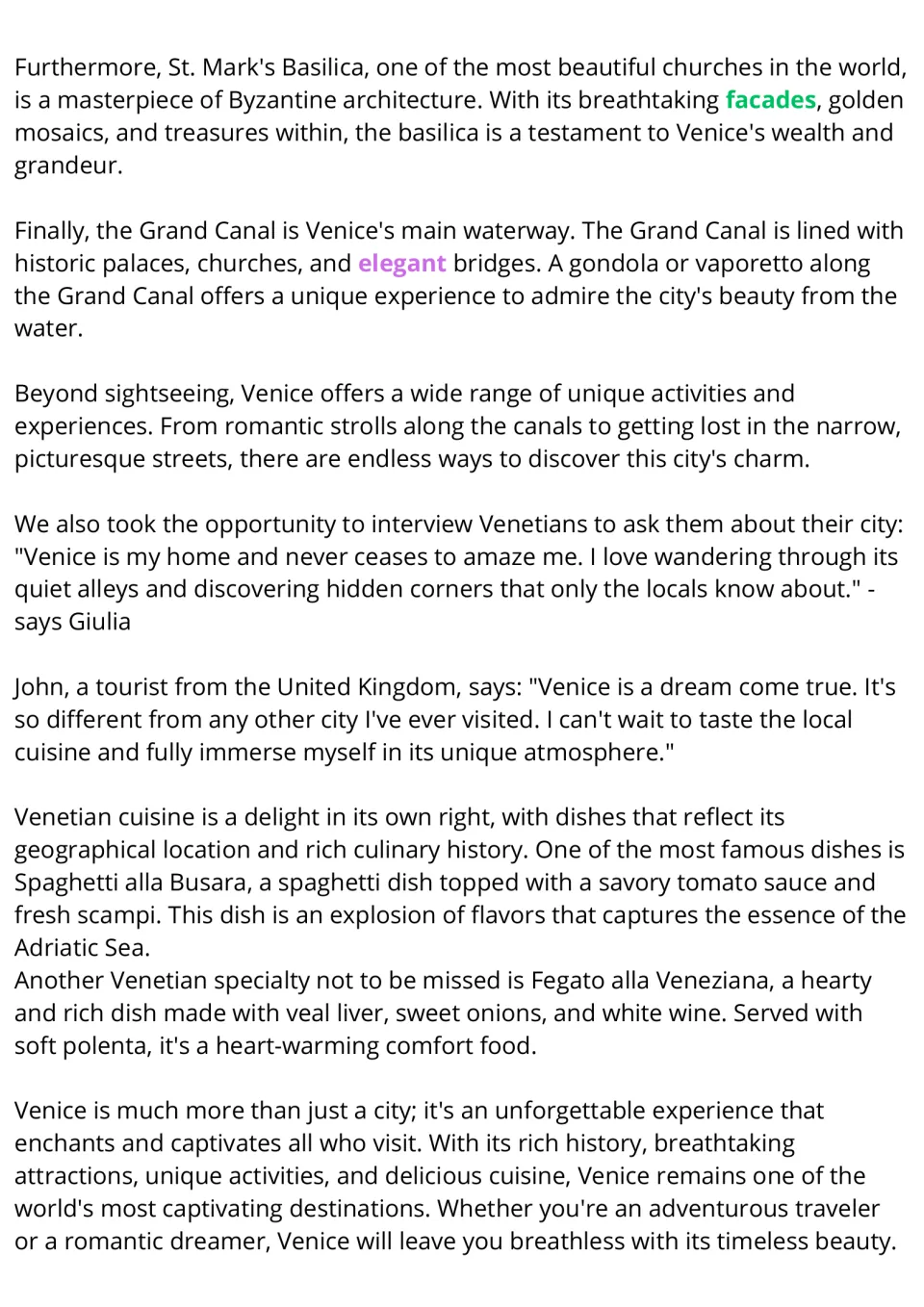 Venice reading passage, part 2: St. Mark's Basilica, the Grand Canal, visitor experiences, and local food
