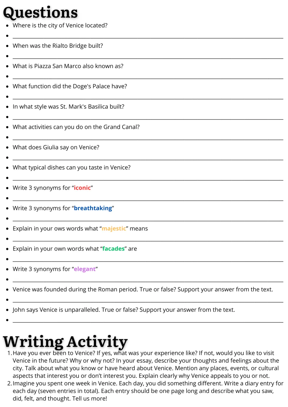 Venice follow-up: 15 comprehension and vocabulary questions plus essay and seven-day diary writing prompts