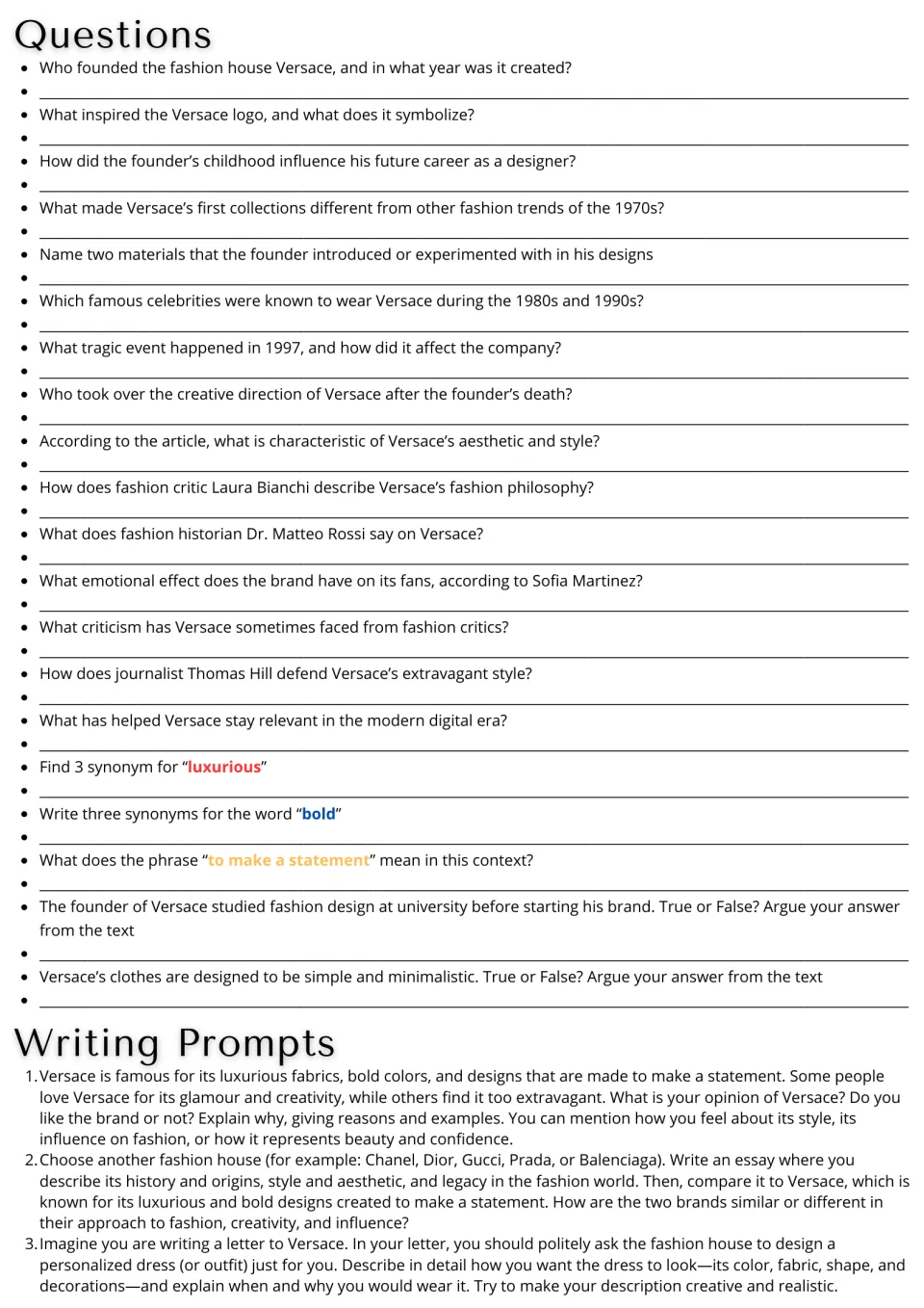 Versace reading follow-up: 20 comprehension and vocabulary questions plus three extended writing prompts.