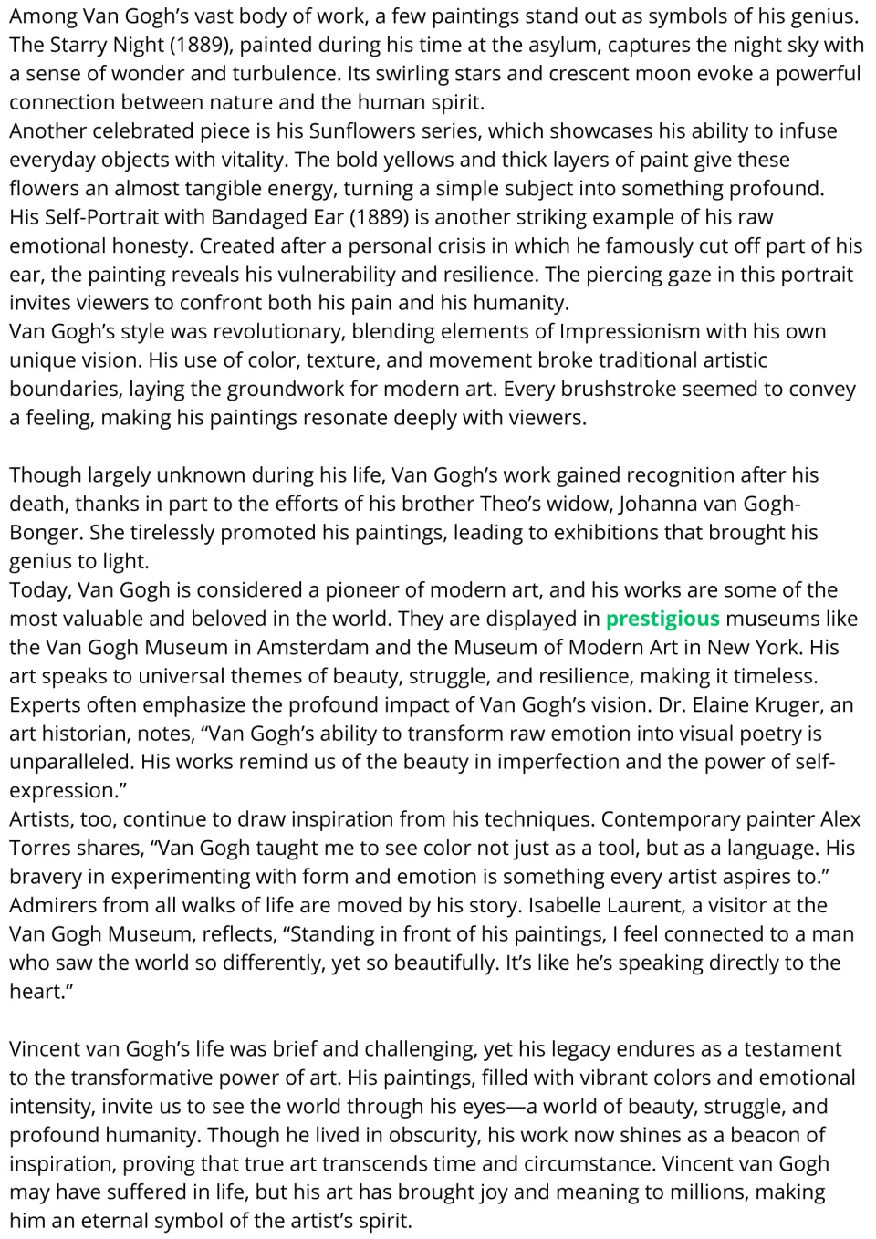 Van Gogh reading, part 2: The Starry Night, Sunflowers, legacy and admirers' quotes; 'prestigious' highlighted