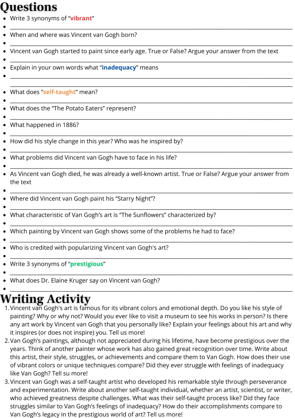 Questions on the Van Gogh text: synonyms, word meanings, true/false with evidence, then 3 opinion and comparison prompts