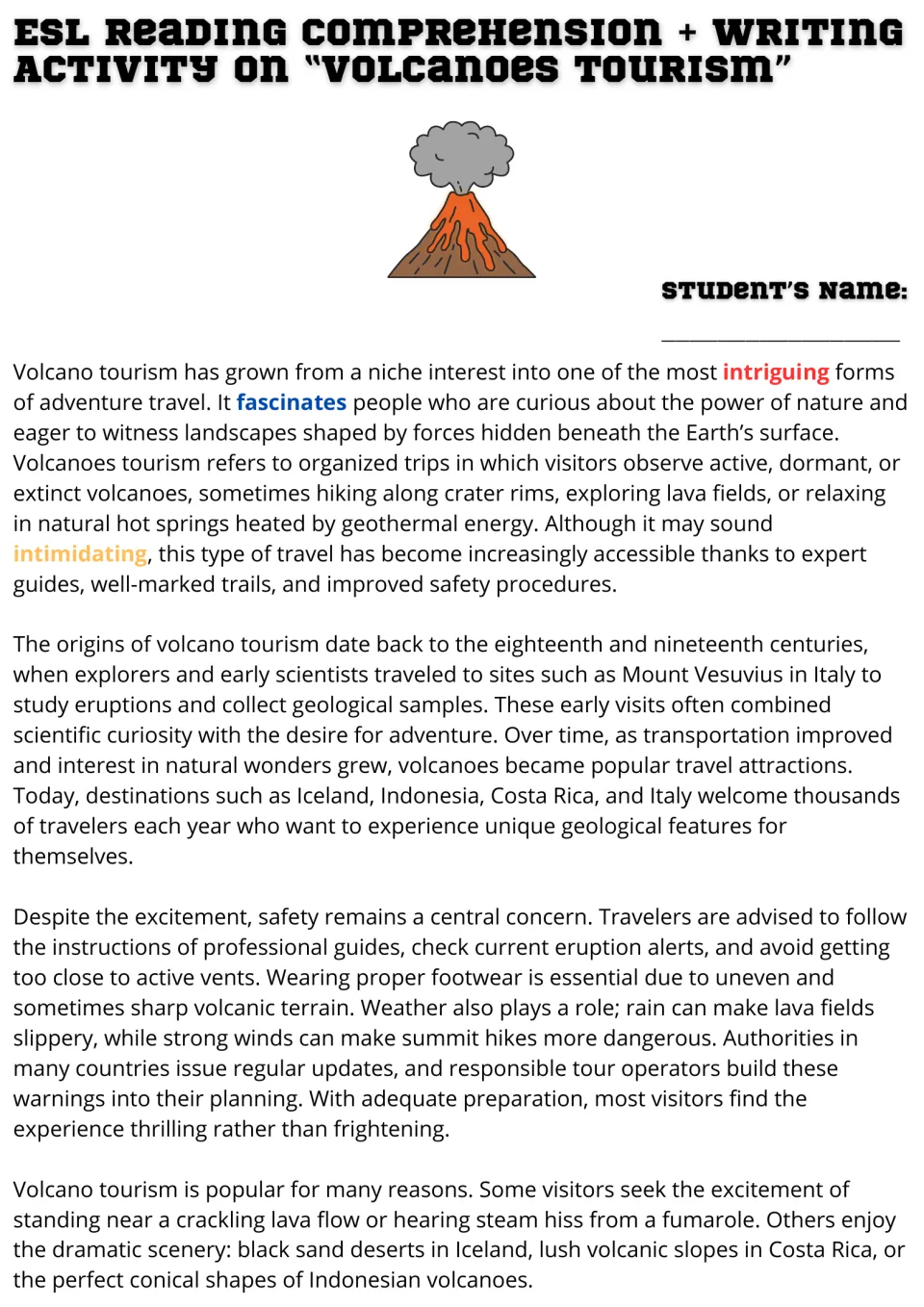 Volcano tourism reading, part 1: students read about its origins, safety and appeal, noting 3 highlighted vocabulary words