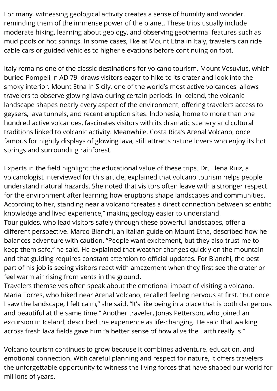 Volcano tourism reading, part 2: students read about destinations like Etna and Arenal and quotes from a guide and travelers