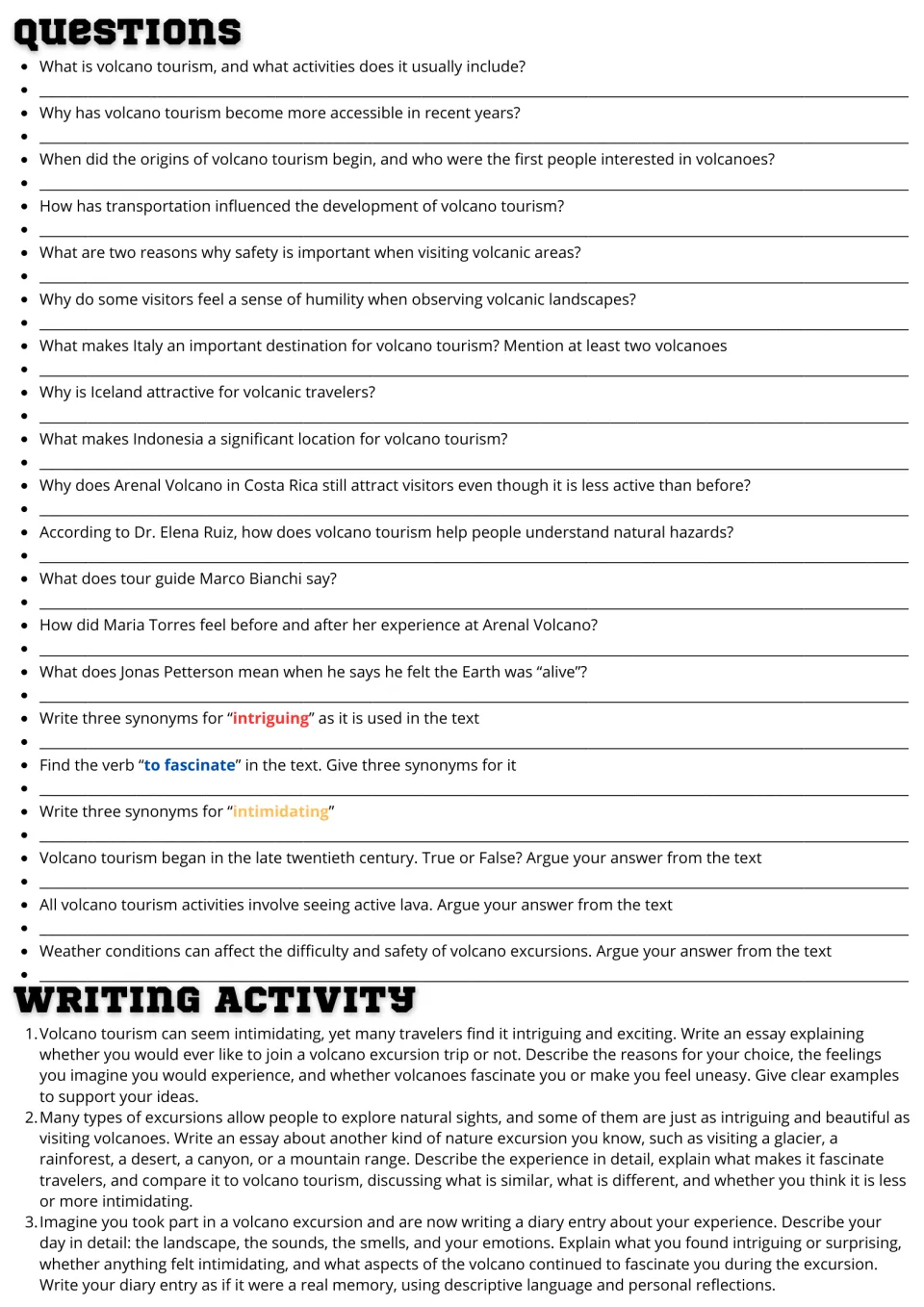Volcano tourism questions: students answer 20 comprehension items, give synonyms, then write from 3 essay or diary prompts