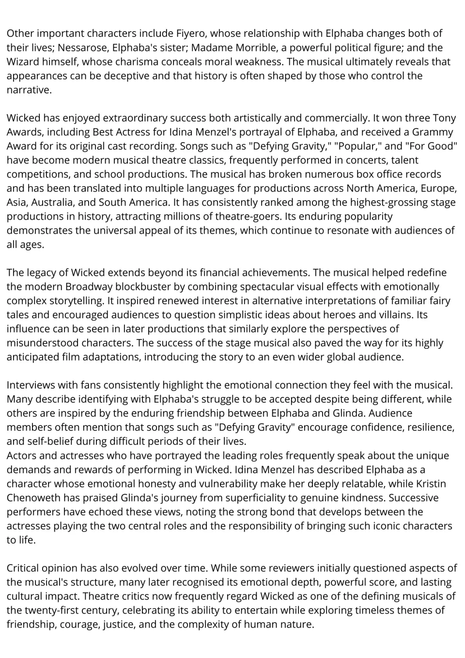 Reading passage continued: Wicked's characters, Tony and Grammy awards, legacy, fan and actress views and critical opinion