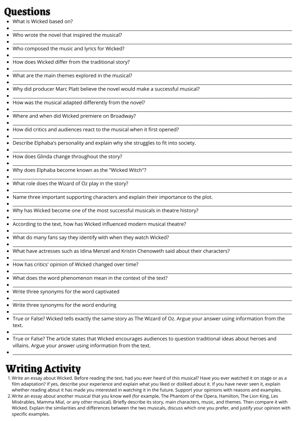 Comprehension: students answer 24 questions, including synonym and true-or-false items, then write two essays on musicals