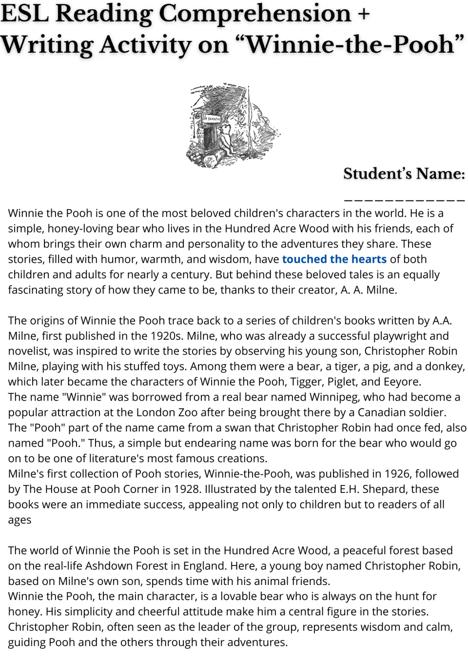 Reading passage opening: Winnie the Pooh's origins, A. A. Milne, Christopher Robin, and the Hundred Acre Wood.