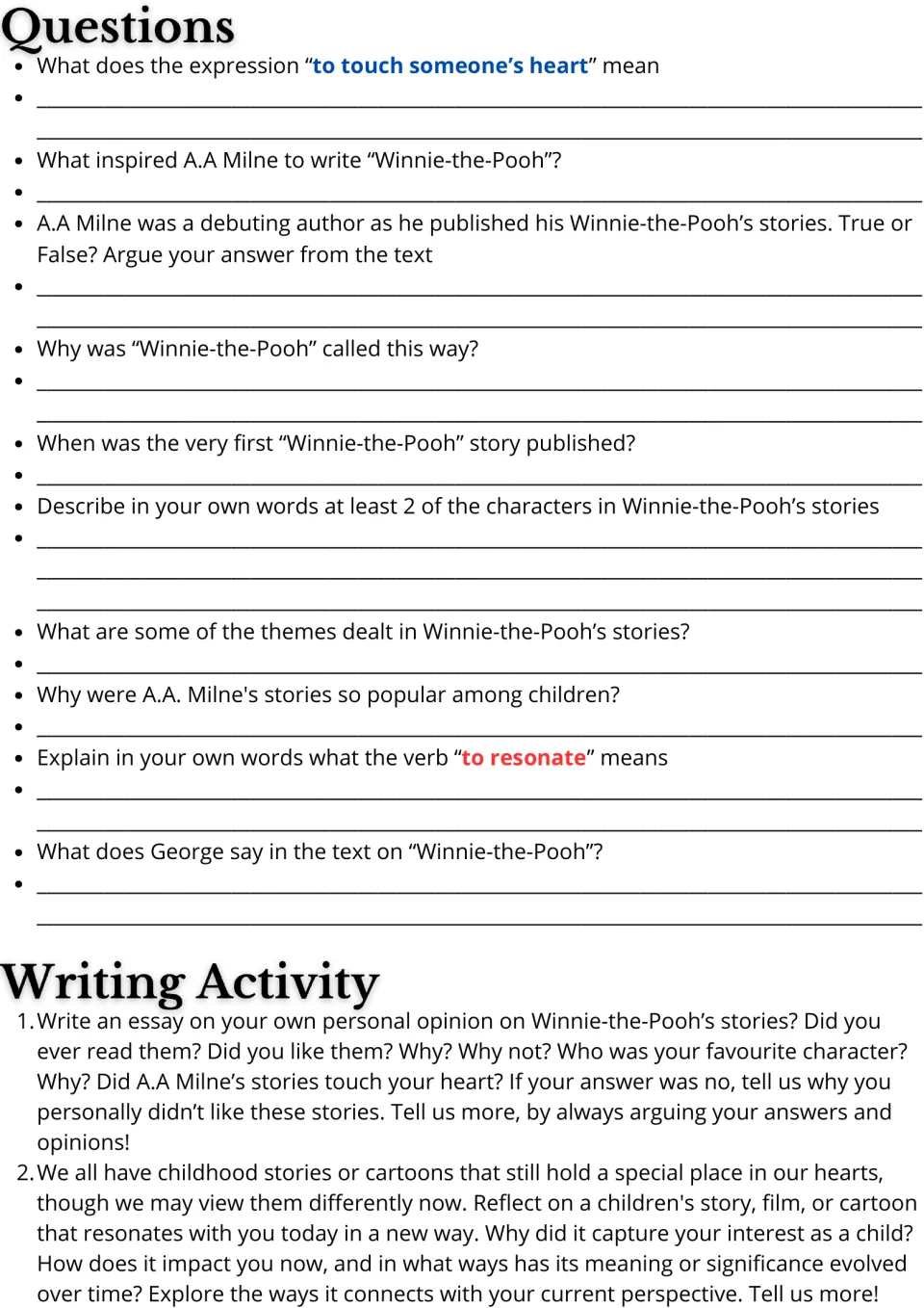 Reading response activities: 10 comprehension questions and two essay prompts on Pooh and childhood stories.