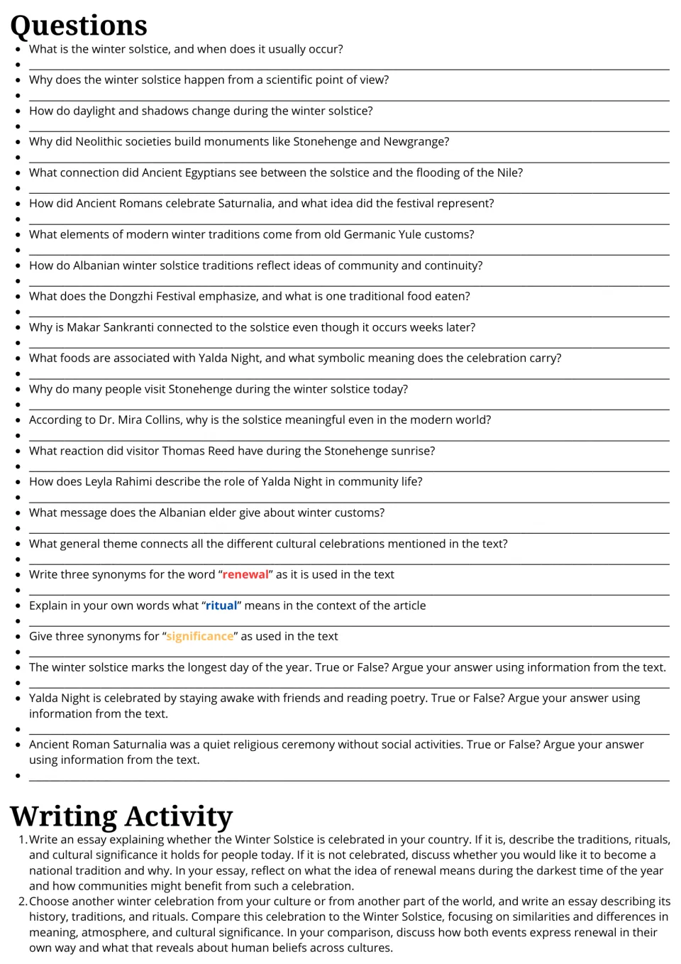Winter solstice follow-up: 23 comprehension and vocabulary questions and two cultural comparison essay prompts.