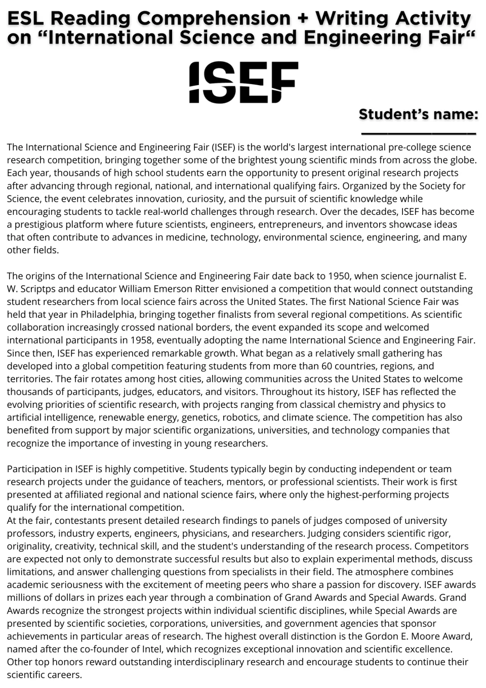 ISEF reading passage, part 1: the fair's history, student qualification process, judging, and awards