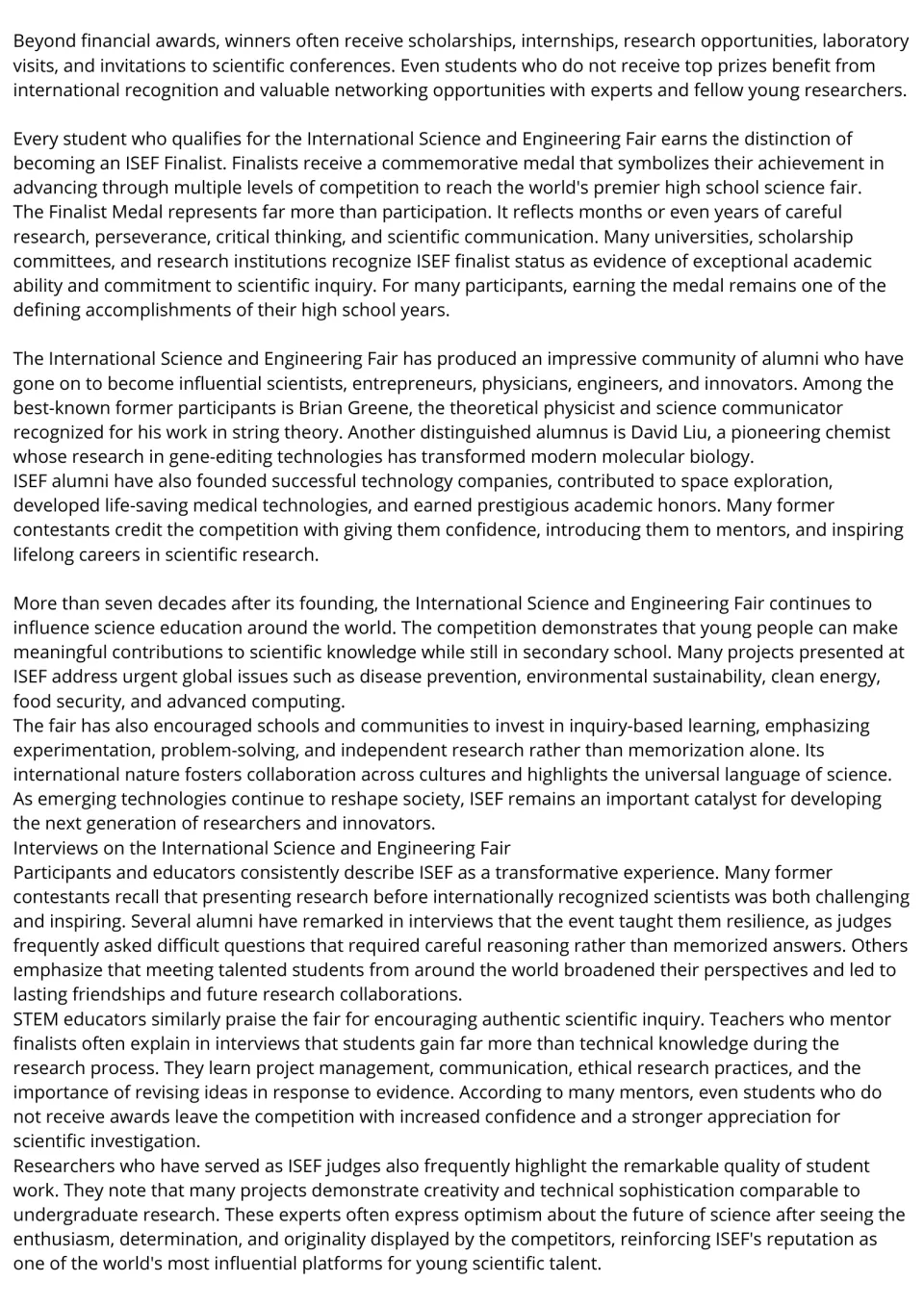 ISEF reading passage, part 2: finalist recognition, famous alumni, educational impact, and interviews