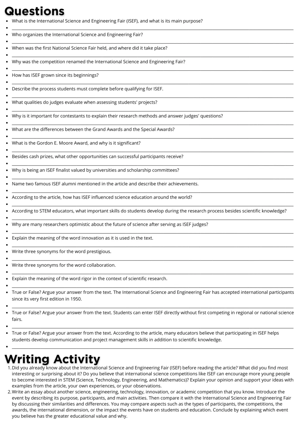 ISEF passage follow-up: 23 comprehension and vocabulary questions plus two opinion and comparison writing prompts