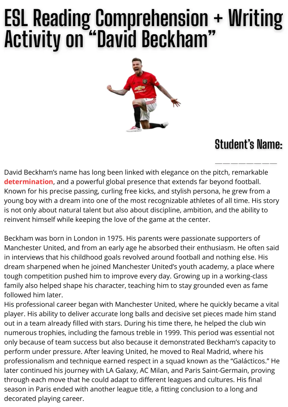 Opening reading passage about David Beckham's childhood, Manchester United career, and moves to other clubs