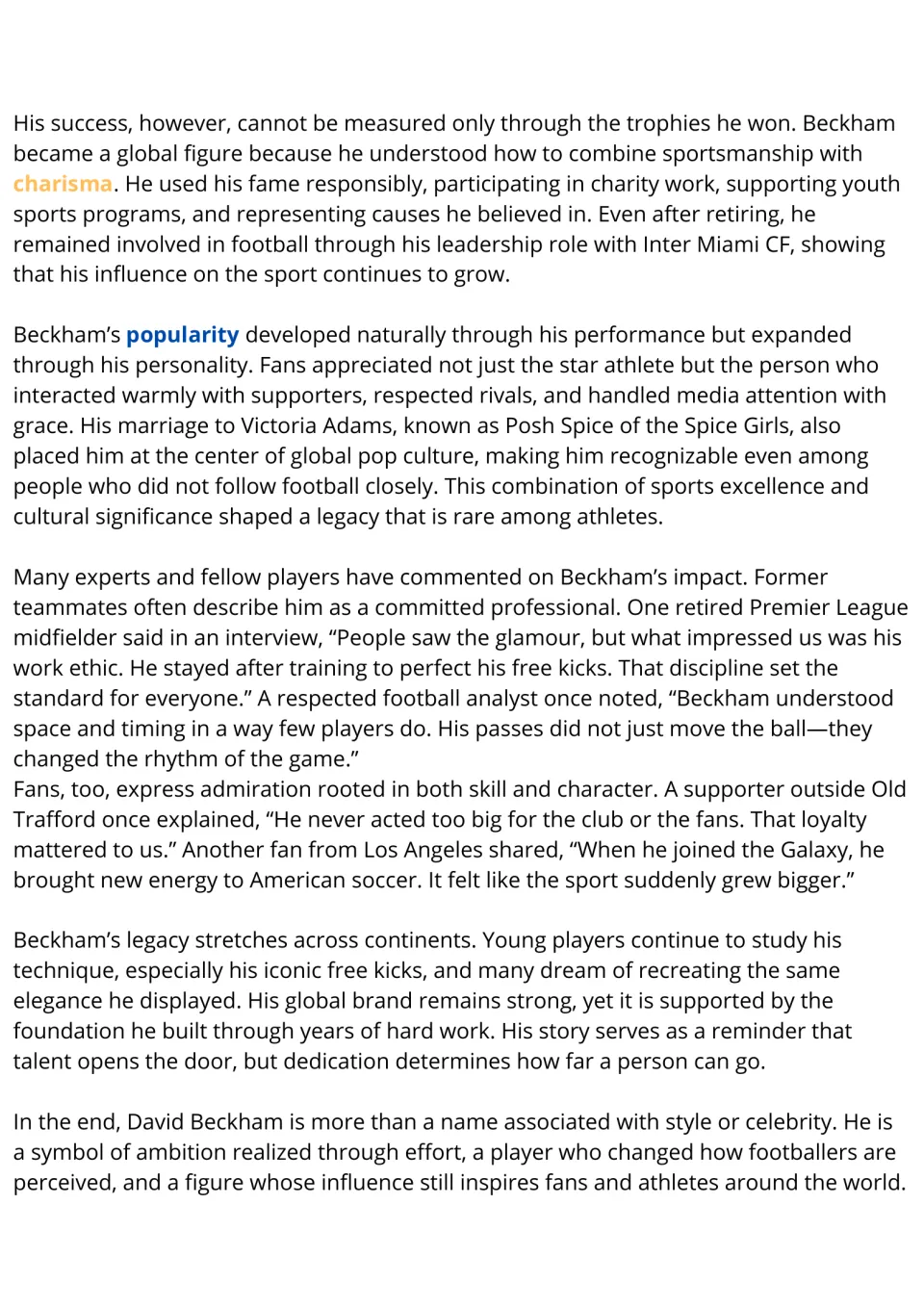 Reading passage continuation on Beckham's charity work, charisma, popularity, work ethic, and legacy