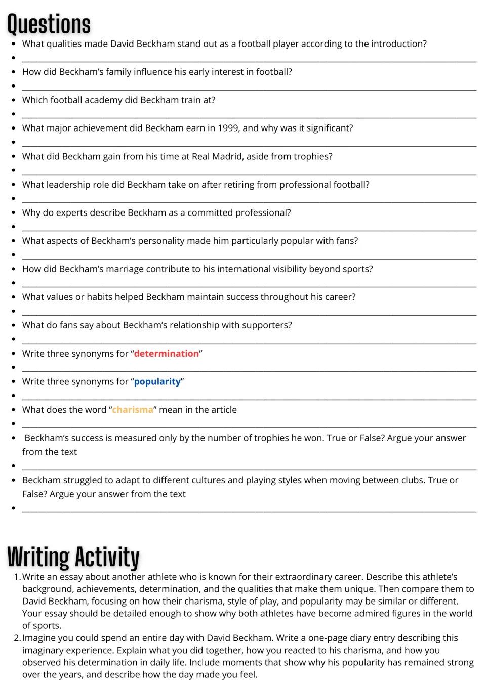 Beckham passage follow-up: 16 comprehension and vocabulary questions and two essay and diary writing prompts