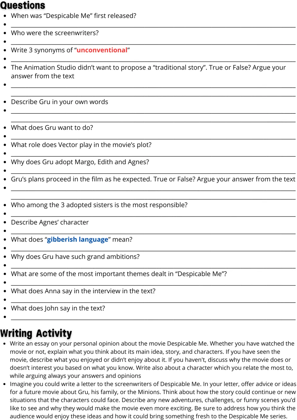 Reading response tasks: 16 comprehension questions, a personal opinion essay, and a letter to the screenwriters.