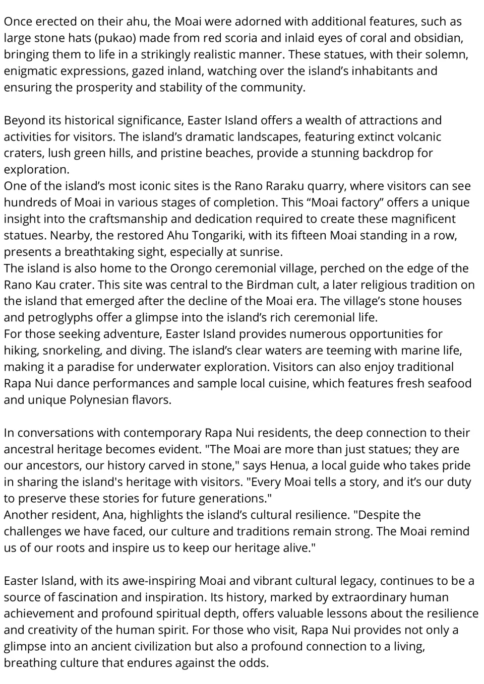 Reading passage continuation: Moai decorations, Easter Island attractions, and residents' cultural heritage