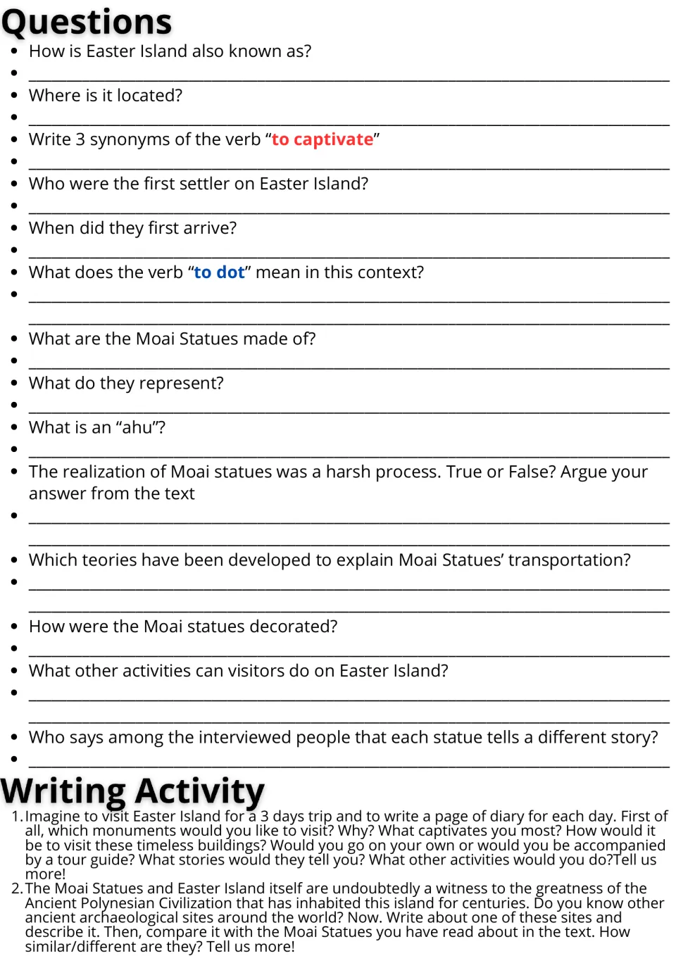 Easter Island follow-up: 14 comprehension questions and two writing prompts on travel and archaeological sites