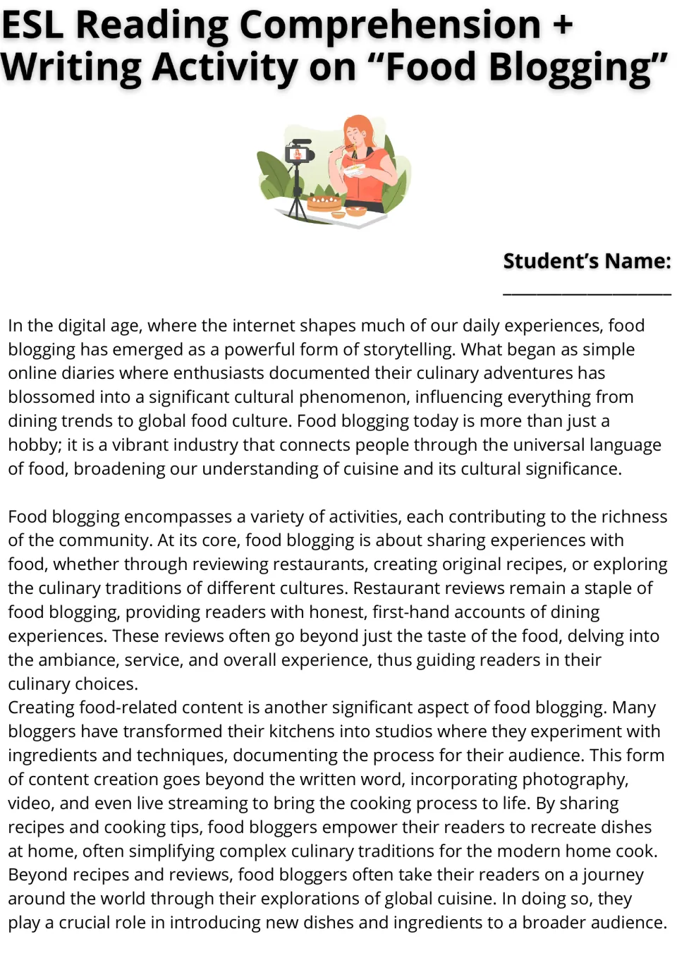 Food blogging reading passage, part 1: students read about restaurant reviews, recipe content and global cuisine