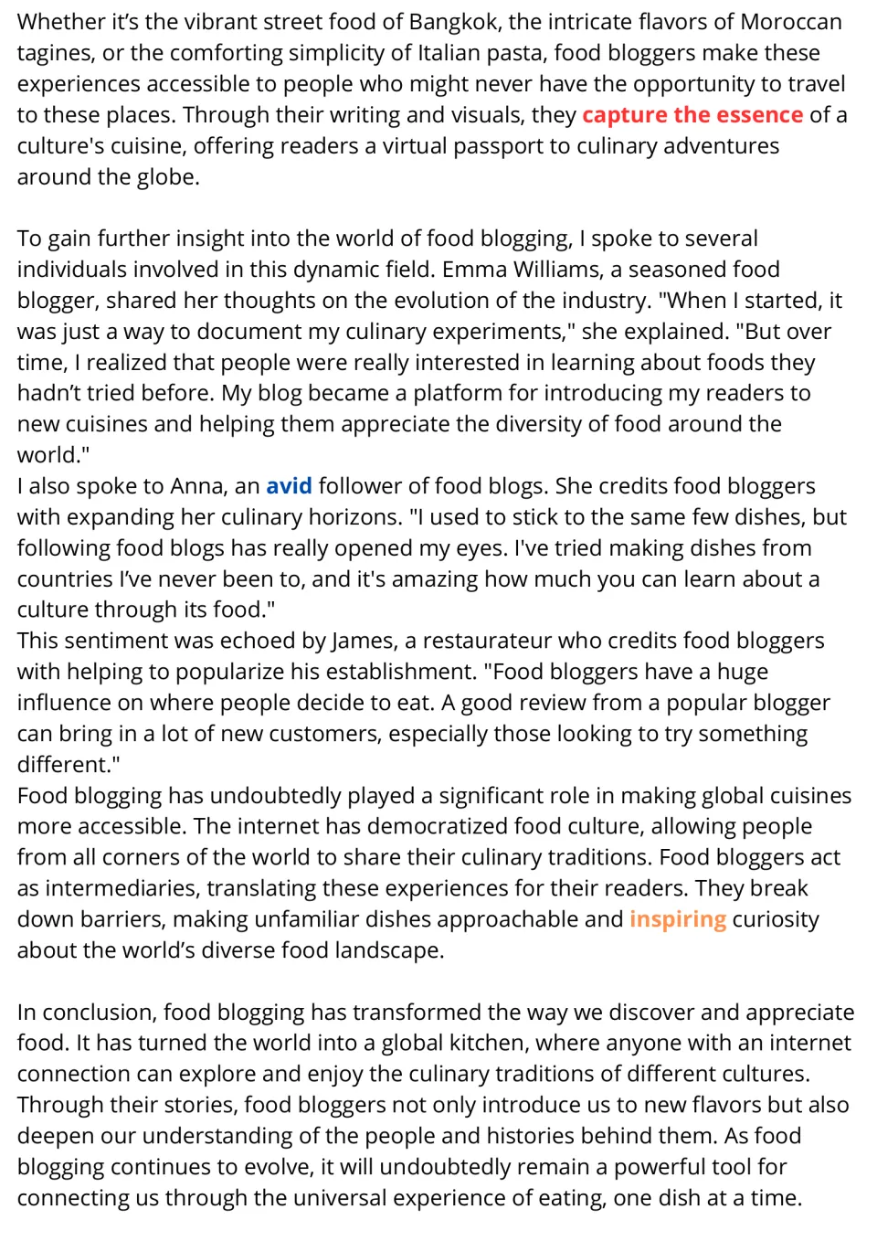 Food blogging passage, part 2: students read interviews with a blogger, a follower and a restaurateur; key words in color