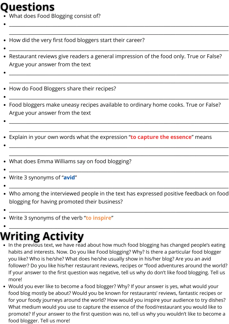 Food blogging questions: students argue true/false from the text, give synonyms, then answer two opinion writing prompts