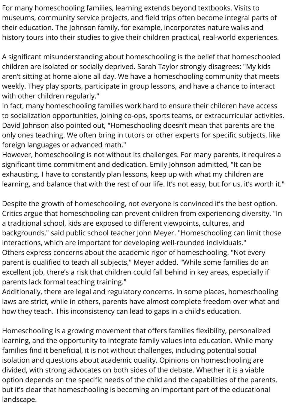 Homeschooling reading passage, part 2: real-world learning, socialization, parental challenges, and criticism.