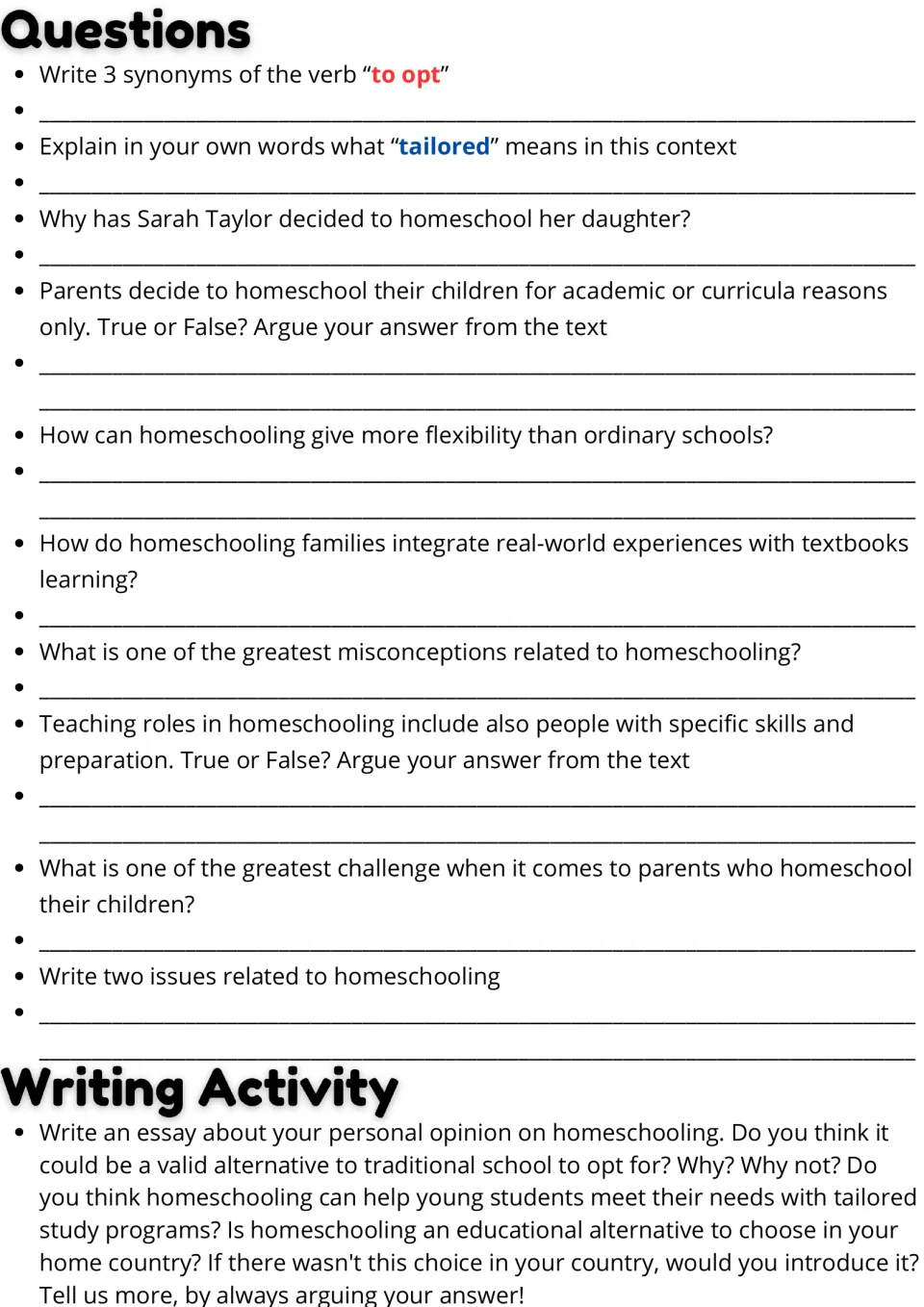 Ten homeschooling reading questions on vocabulary and comprehension, plus a personal opinion essay prompt.